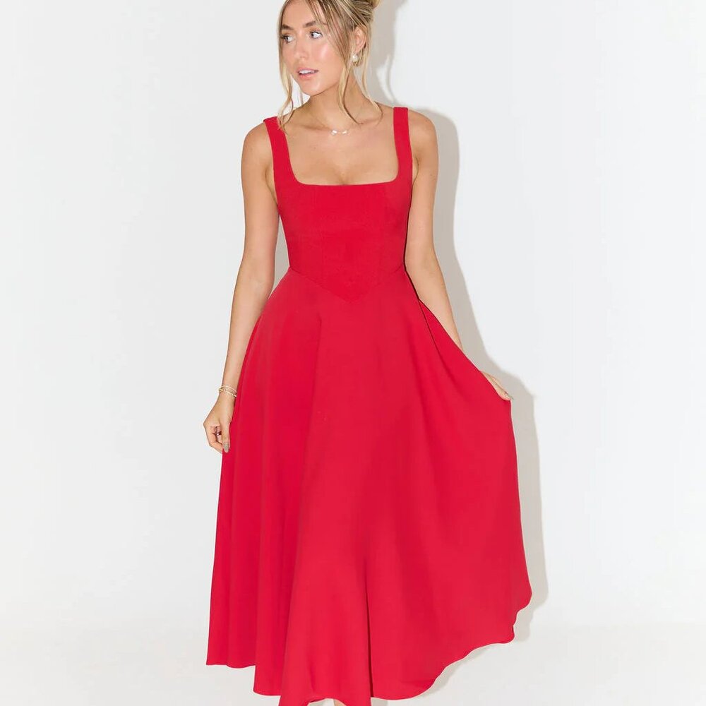 Odd Muse Red High Waist Midi Dress